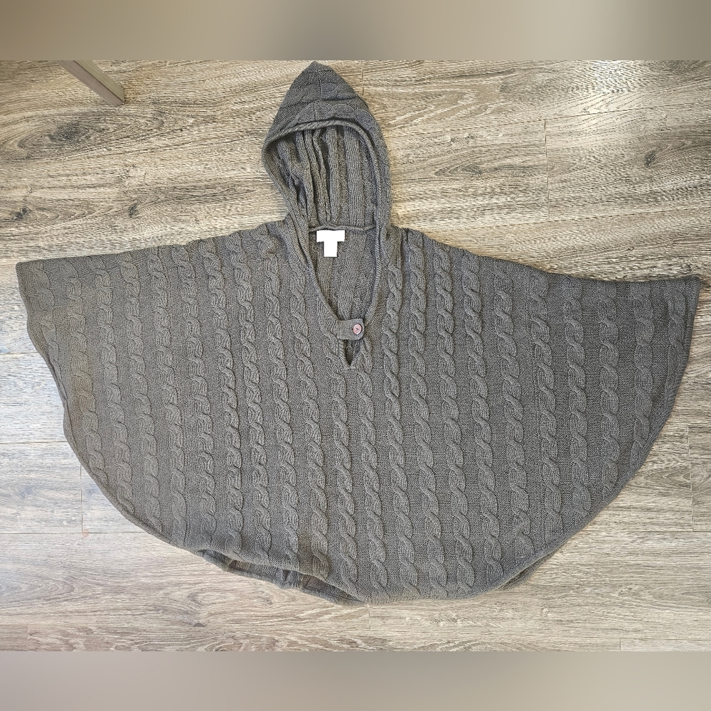 Soft Surroundings Cable Knit Hooded Poncho Sweater Charcoal Gray Small / Medium